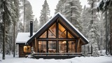 Cozy cabin nestled in a snowy forest, with dark wooden panels, white snow, and a chimney emitting smoke. Warm fireplace, soft lighting, and inviting interior create a comforting atmosphere