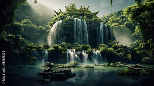 Waterfall on an Fantasy Island. Generative Ai