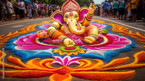 An elaborate rangoli design on the ground, featuring a central Ganesh motif, created during a festive celebration.