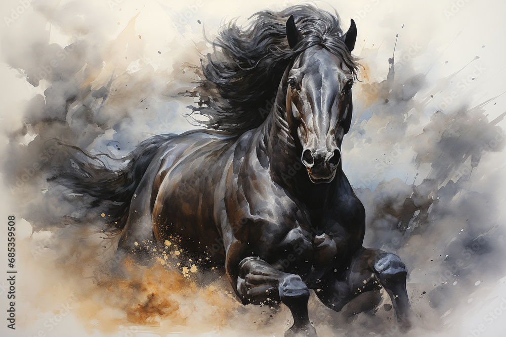 Obraz premium Immerse yourself in the beauty of a majestic black horse captured in a stunning watercolor painting illustration. Experience the grace and power in every stroke. Ai generated