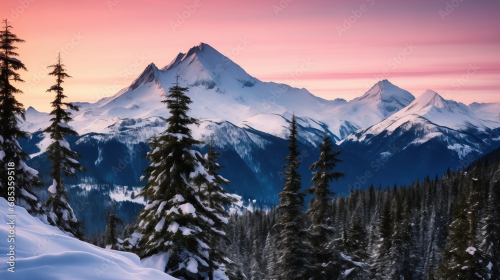 Scenic Nordic winter landscape: Snow-capped mountains, evergreen forests, serene sky with vibrant shades of blue and pink. Majestic peaks and tranquil atmosphere create a breathtaking winter view