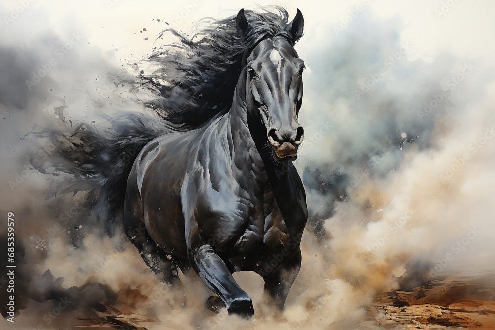 Immerse yourself in the beauty of a majestic black horse captured in a stunning watercolor painting illustration. Experience the grace and power in every stroke. Ai generated Immerse yourself in the beauty of a majestic black horse captured in a stunning watercolor painting illustration. Experience the grace and power in every stroke. Ai generated