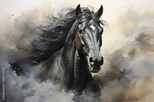 Immerse yourself in the beauty of a majestic black horse captured in a stunning watercolor painting illustration. Experience the grace and power in every stroke. Ai generated