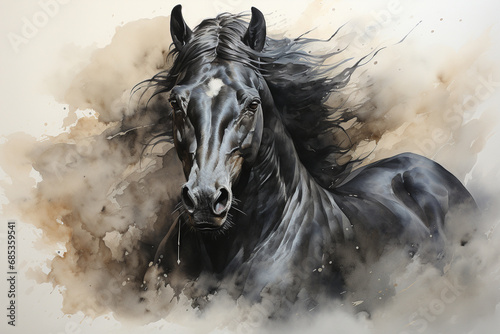 Immerse yourself in the beauty of a majestic black horse captured in a stunning watercolor painting illustration. Experience the grace and power in every stroke. Ai generated © dragomirescu