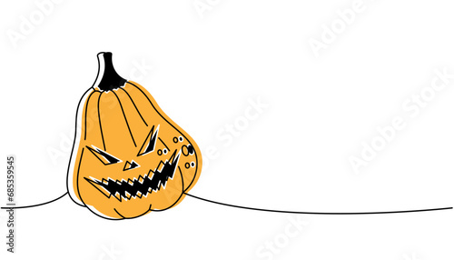 Autumn pumpkin face, vegetable one line colored continuous drawing. Halloween pumpkin with scary face continuous one line illustration.
