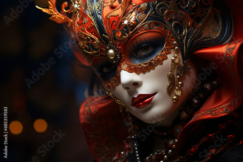 Carnival of Venice. female participant of the performance, a girl in a fiery festive outfit and a red mask. Venetian masquerade.