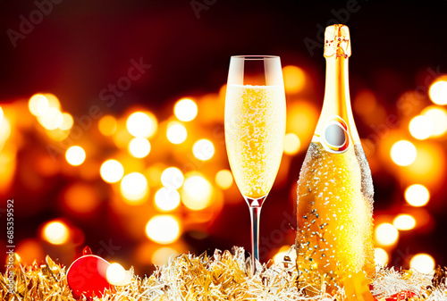 champagne and christmas decorations, new year celebration, new year eve toast, frozen champagne on table, christmas lights