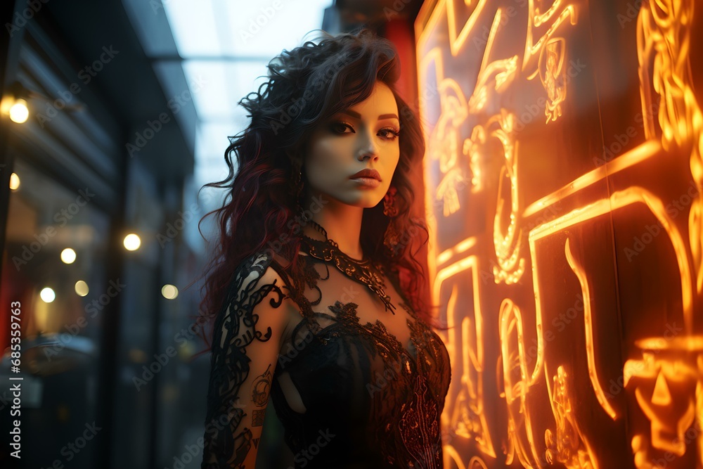 Fototapeta premium A beautiful woman standing next to a neon sign wearing a lace dress