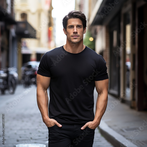 Handsome man, with his hands in his pockets, wearing a classic cotton t-shirt, in a city street, blurred background. Generative Ai © Franco Tognarini