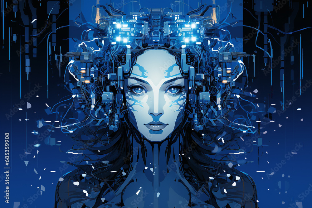 Dive into the future with a captivating sci fi AI metaverse concept illustrated in mesmerizing shades of blue. Experience the fusion of technology and humanity. Ai generated