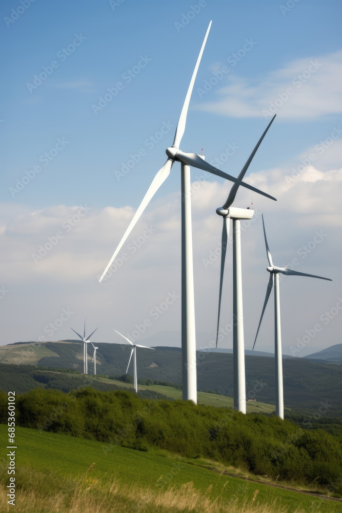 Wind turbines or windmill stand tall in a vast field, harnessing renewable energy from the breeze. The landscape harmonizes with sustainable technology, exemplifying eco-friendly power generation. Wind turbines or windmill stand tall in a vast field, harnessing renewable energy from the breeze. The landscape harmonizes with sustainable technology, exemplifying eco-friendly power generation.