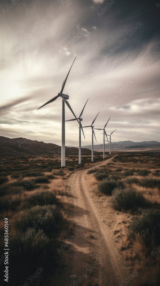 Obraz premium Wind turbines or windmill stand tall in a vast field, harnessing renewable energy from the breeze. The landscape harmonizes with sustainable technology, exemplifying eco-friendly power generation.
