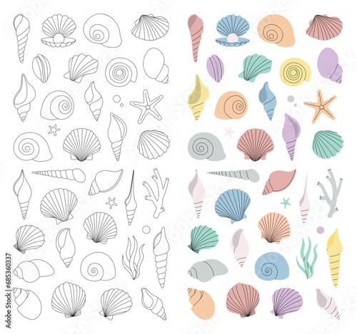 Tropical underwater shells. Sea shells vertical banner. Freshwater algae, corals, starfish, sea mollusks, scallop, pearls. Vector illustration.