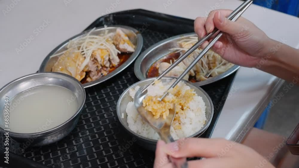 Chicken fillet rice and soup in street market Chicken fillet rice and soup in street market