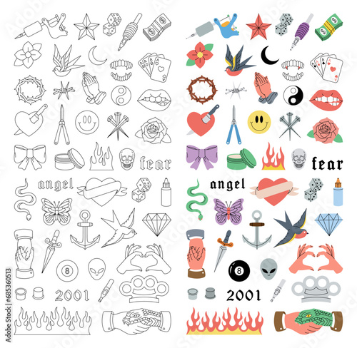 Tattoo set. Old school tattoos vertical banner. Swallow, rose, heart, knife, anchor, skull, hands, flowers, snake. Vector illustration.