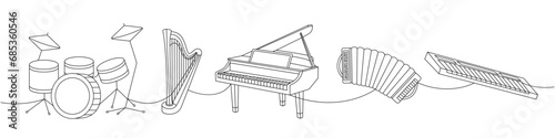 Classical musical instruments. Drum kit, lyre, wooden harp, grand piano, accordion, synthesizer piano continuous one line illustration.