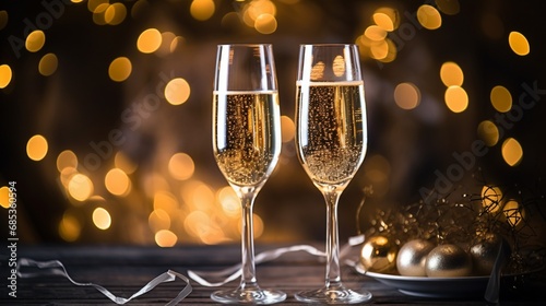 An elegant New Year's toast with two glasses of champagne, set against a backdrop of sparkling lights and golden decorations.