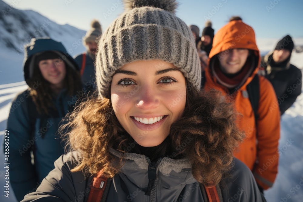 Joyful group explores snowy mountains in a vibrant excursion, radiating youthful happiness.