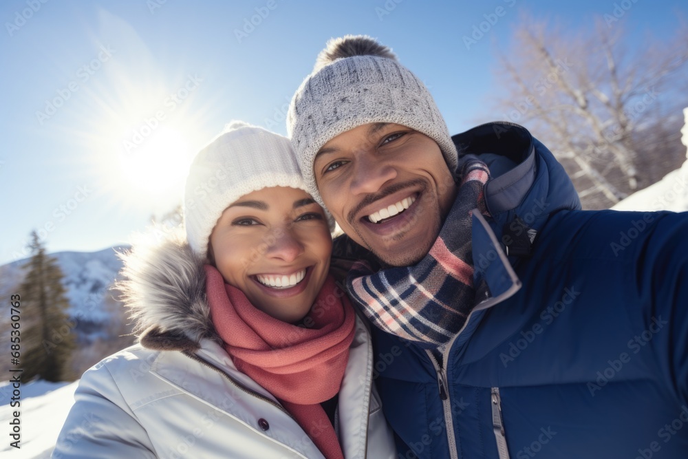 Radiant winter joy captured in the portrait of a young, happy couple