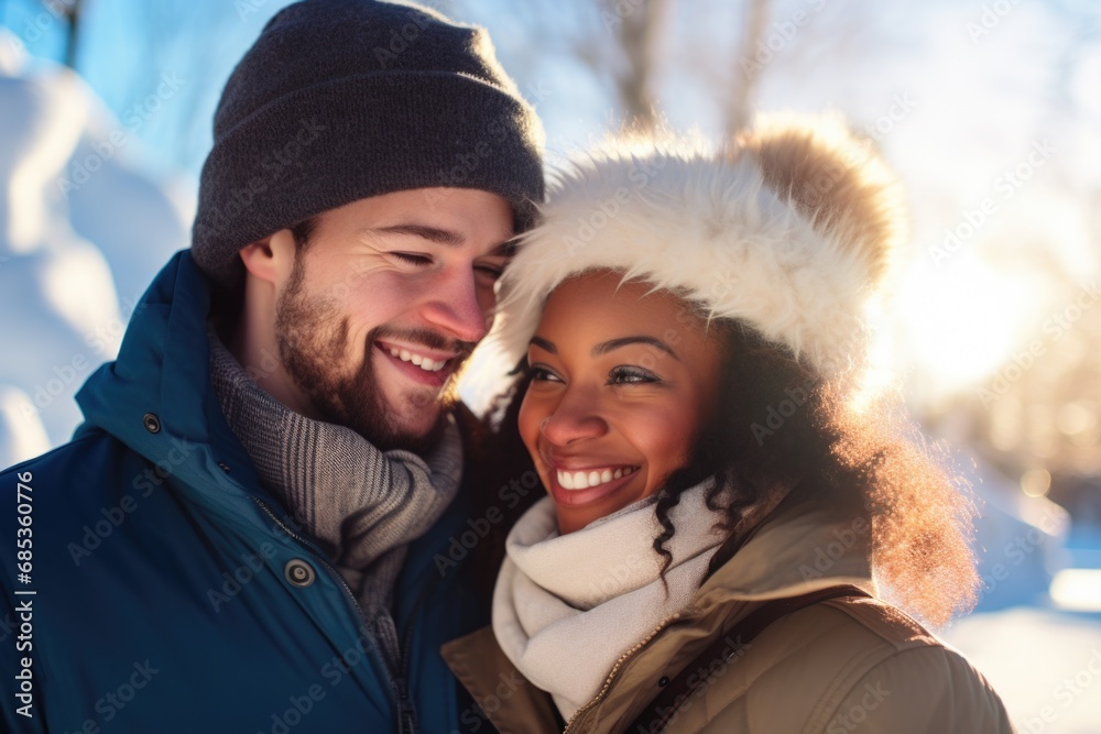 Radiant winter joy captured in the portrait of a young, happy couple