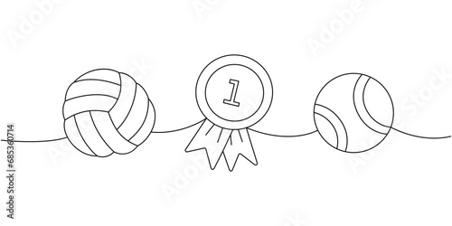 Set of pet supplies. Dog ball toy, first place medal, tennis ball, pet toy continuous one line illustration. Vector linear illustration.