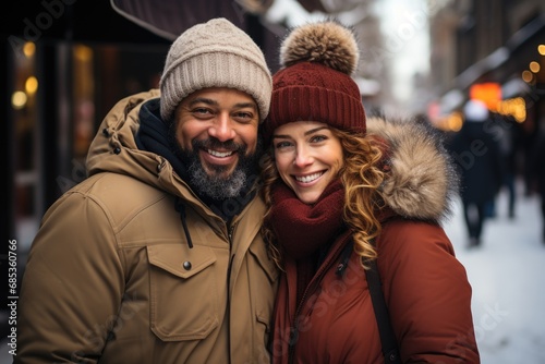 Middle-aged bliss: a happy couple exudes warmth on a winter city street. © monvideo