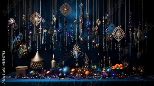 An enchanting New Year's decoration display, featuring an array of hanging lights and colorful tassels against a deep blue backdrop. © Mustafa_Art