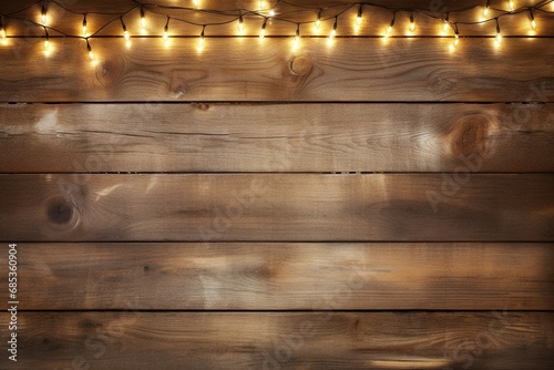 Golden christmas lights on wooden background