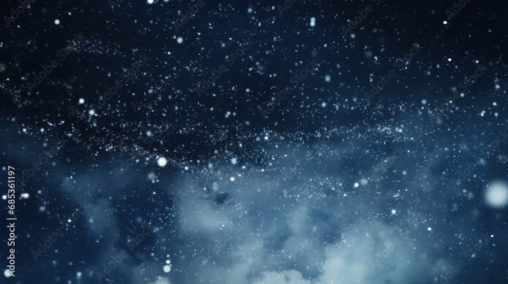 Obraz premium a black and white photo of a night sky with snow flakes on the ground and clouds in the foreground.