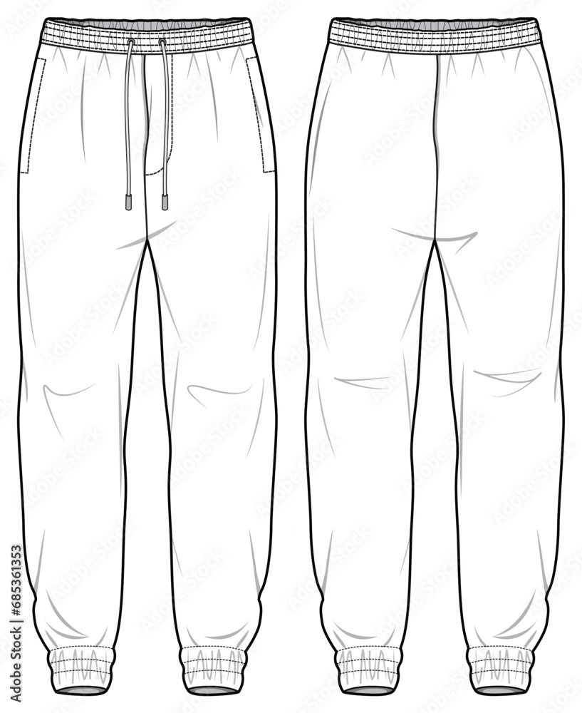 Woven Cargo Joggers Front and Back View. Fashion Flat Sketch Vector ...