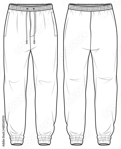 Woven Cargo Joggers Front and Back View. Fashion Flat Sketch Vector Illustration, CAD, Technical Drawing, Flat Drawing, Template, Mockup photo