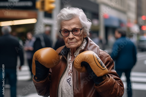Pensioner boxing on street in USA. Grandmother boxing. Grandma in boxing gloves in fight on Wall Street. Granny boxer on street fight. Old Woman in boxing gloves in fight. Social problem of pensioners