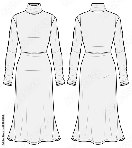 Women Winter High Neck Short Dress, Turtleneck Long Sleeve Knit Dress Front and Back View. Fashion Flat Sketch Vector Illustration, CAD, Technical Drawing, Flat Drawing, Template, Mockup.