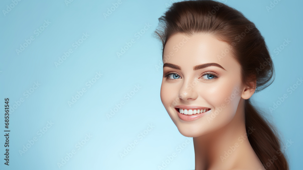 Portrait of a young woman with natural makeup and natural styling on blue background.