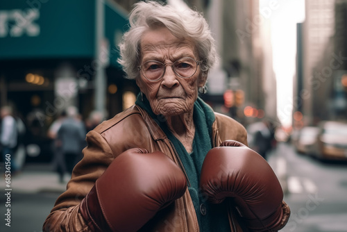 Pensioner boxing on street in USA. Grandmother boxing. Grandma in boxing gloves in fight on Wall Street. Granny boxer on street fight. Old Woman in boxing gloves in fight. Social problem of pensioners © MaxSafaniuk