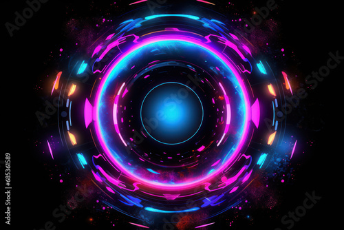 A radiant digital vortex with neon blue and pink accents against a star-studded space backdrop, evoking a sense of dynamic motion and futuristic technology.