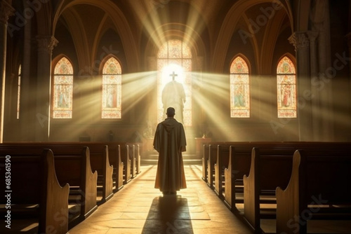 Christian monk in a church deeply immersed in prayer experiencing the revelation of divine light. Ai generated