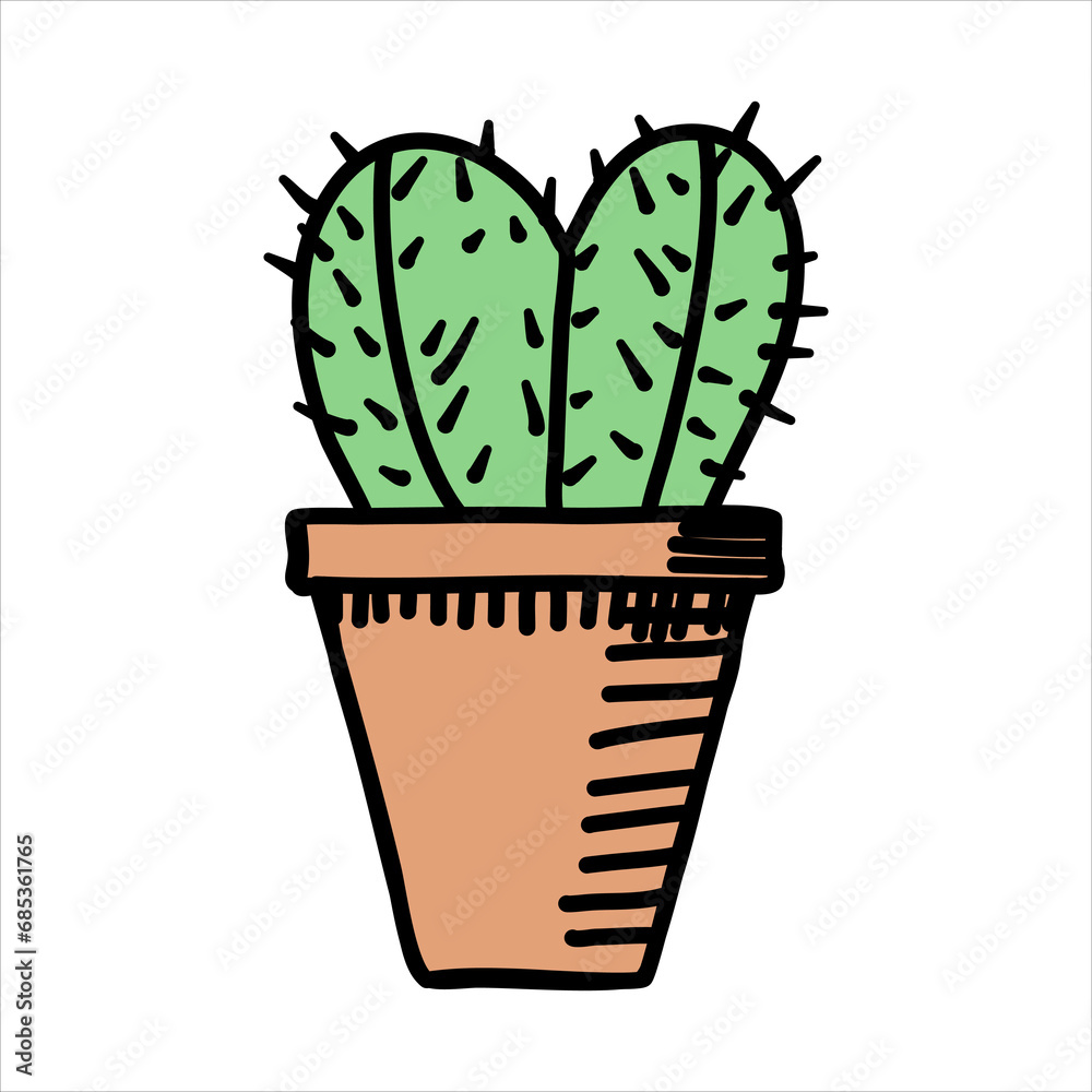 Cactus in a pot. Vector doodle illustration.
