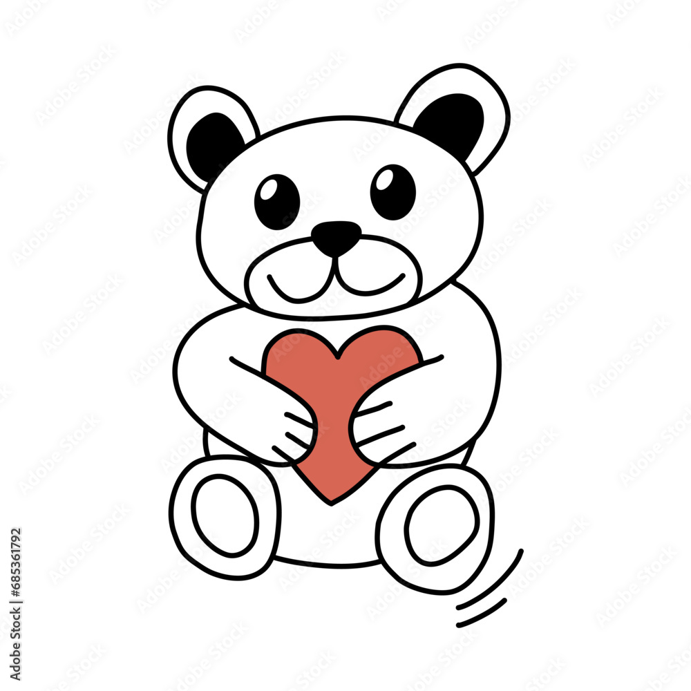 Fototapeta premium Toy bear holding a heart in his paws doodle vector illustration.