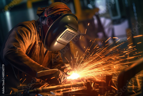 A skilled welder in protective gear meticulously working on metal with bright sparks flying, capturing the essence of industry and craftsmanship.