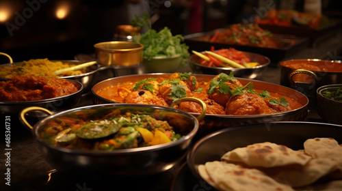 Assorted indian food on restaurant table. Indian cuisine