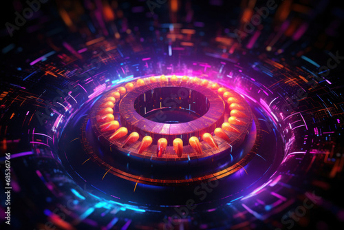 A glowing neon reactor core visualization, encapsulating advanced energy technology and futuristic design within a circular frame
