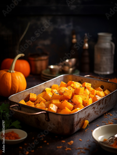 Baked chopped pumpkin in baking dish