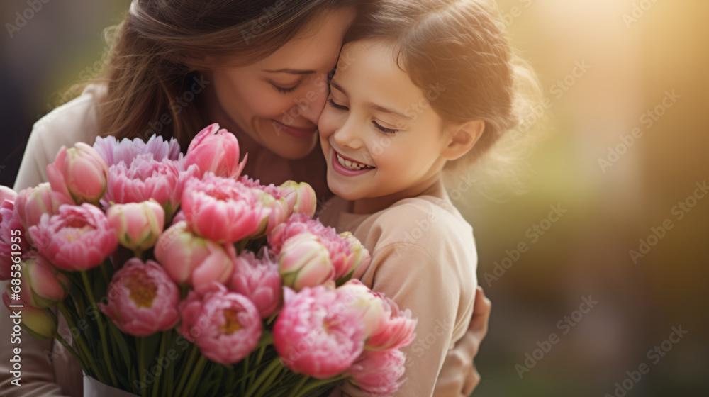 happy mother's day! child daughter congratulates mother and gives a bouquet of flowers happy mother's day! child daughter congratulates mother and gives a bouquet of flowers
