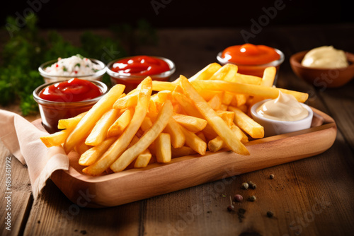 French fries or potato chips with sauces on wooden table