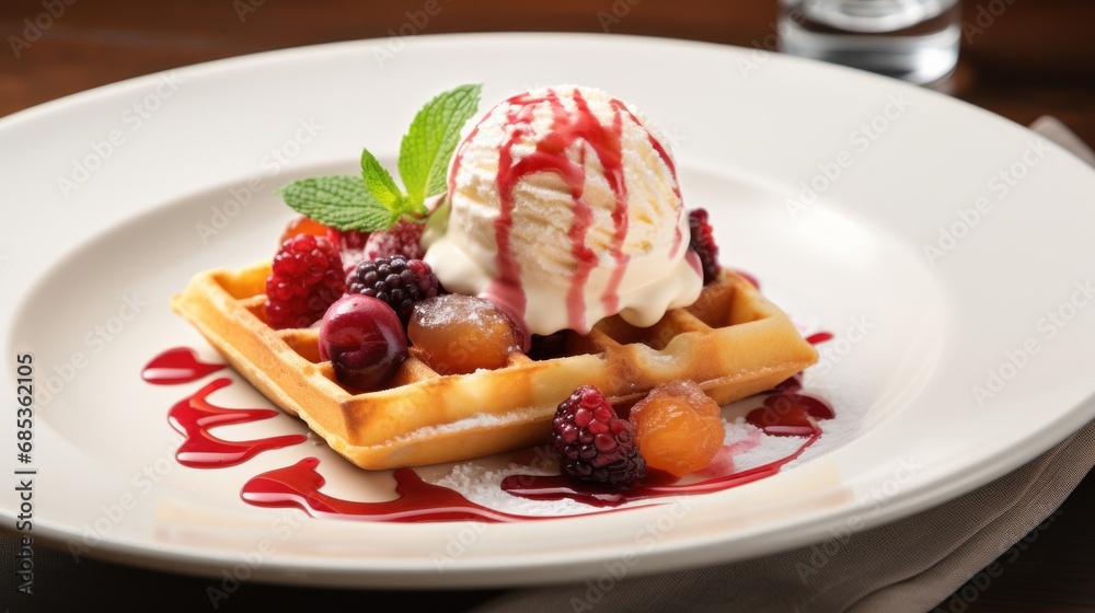 a white plate topped with waffles covered in ice cream and raspberries next to a glass of water. a white plate topped with waffles covered in ice cream and raspberries next to a glass of water.