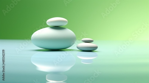  a couple of white balls sitting next to each other on top of a blue table with a green wall in the background.