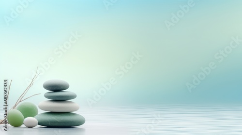  a stack of rocks sitting on top of a white table next to a plant with green leaves on top of it.