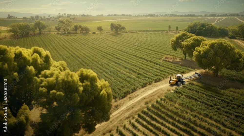 Naklejka premium Scenic top view of a tractor spraying green fields. Organic irrigation field.