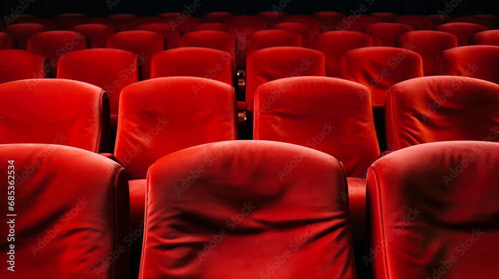 Row of empty red velvet chairs in a movie theater. Cinema entertainment industry film making concept Row of empty red velvet chairs in a movie theater. Cinema entertainment industry film making concept